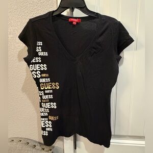GUESS Black Short-Sleeve V-Neck Tee with Gold & White Logo Print